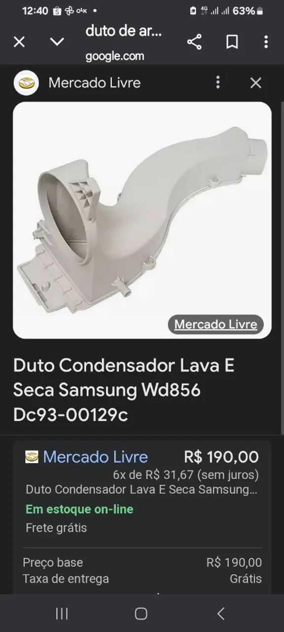 Duto Condensador Lava e Seca Samsung WD856 DC93-00129C