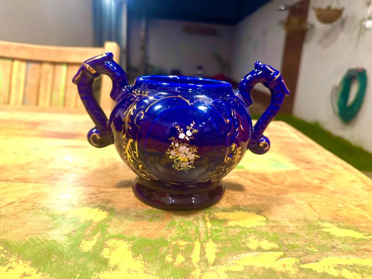 NÃO ENVIO. Peças antigas em azul cobalto, pintadas em ouro. - Foto 3