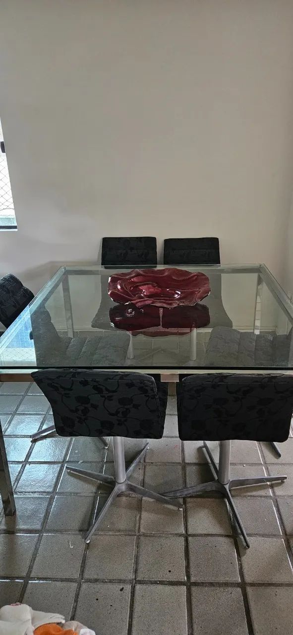 Mesa aço inox e vidro + 6 cadeiras
