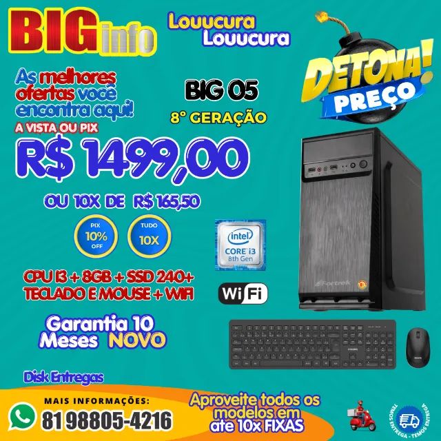Computador Cpu I3 8°geração + 8gb Ddr4 + SSD 240 - Em ate 10x Fixas 