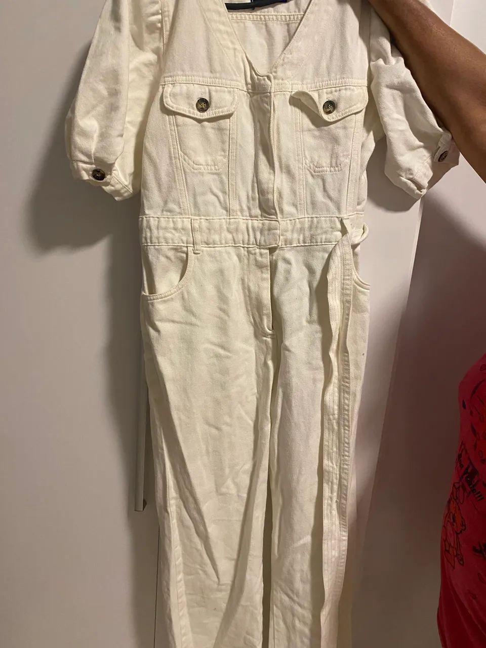 Macacão branco feminino estilo jeans com cinto