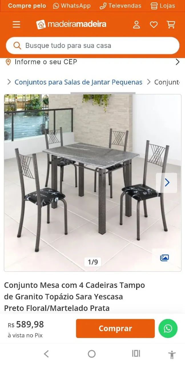 Conjunto mesa 4 cadeiras tampo granito sem uso