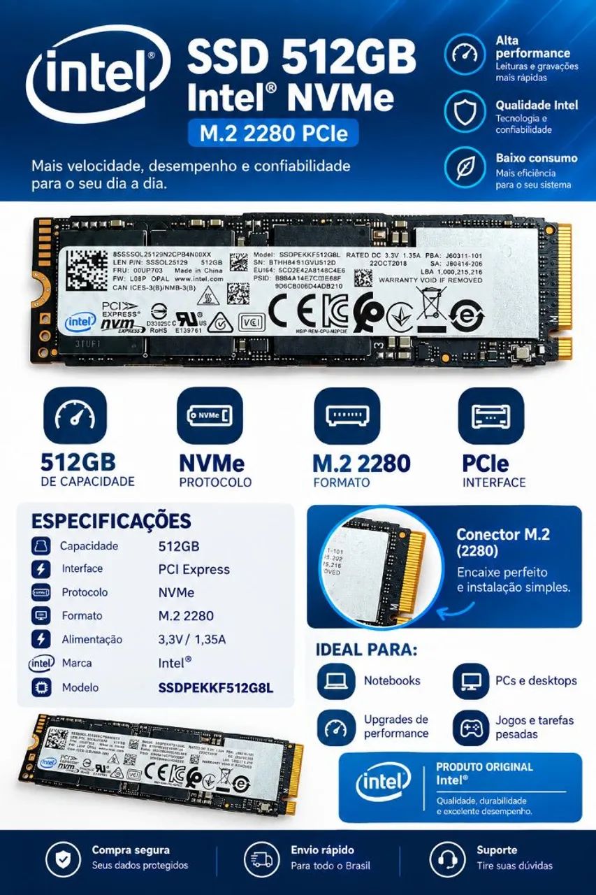 SSD Intel NVMe 512GB M.2 2280 - SSDPEKKF512G8L - Armazenamento
