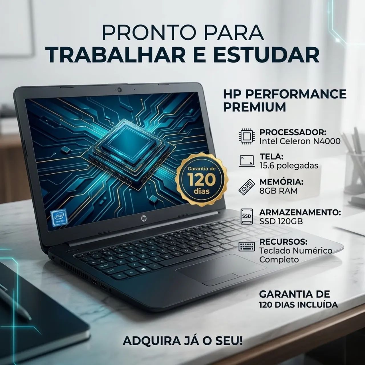 Notebook Hp Celeron dual core tela 15.6 Ssd 120 teclado numérico 