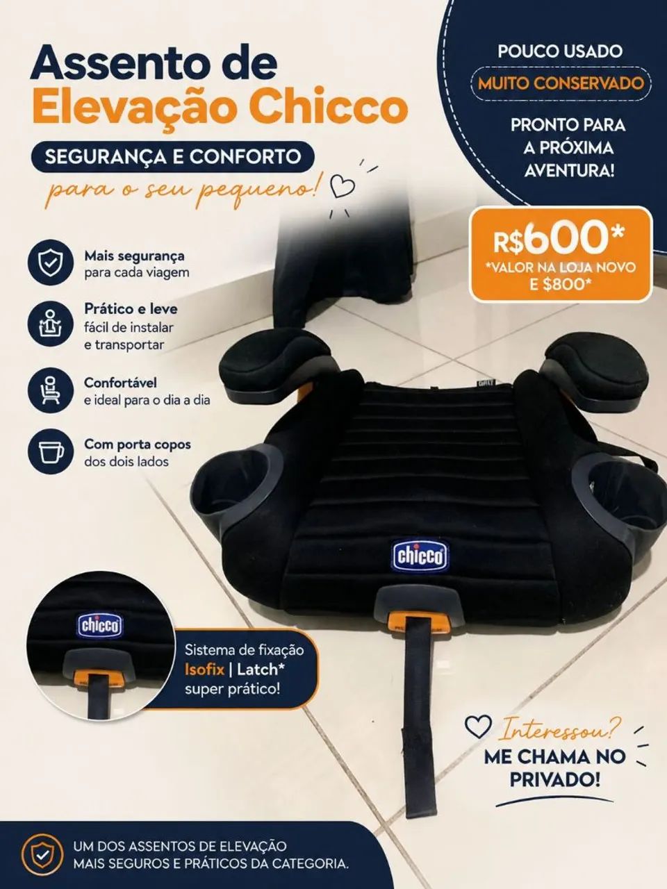 Cadeirinha com cinto NOVA<br>POUCO USADO<br>Elevação Chicco