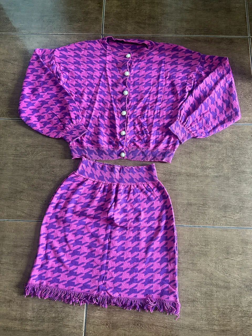 Conjunto Tricô Pied de Poule Rosa e Roxo - Tamanho M - Foto 2