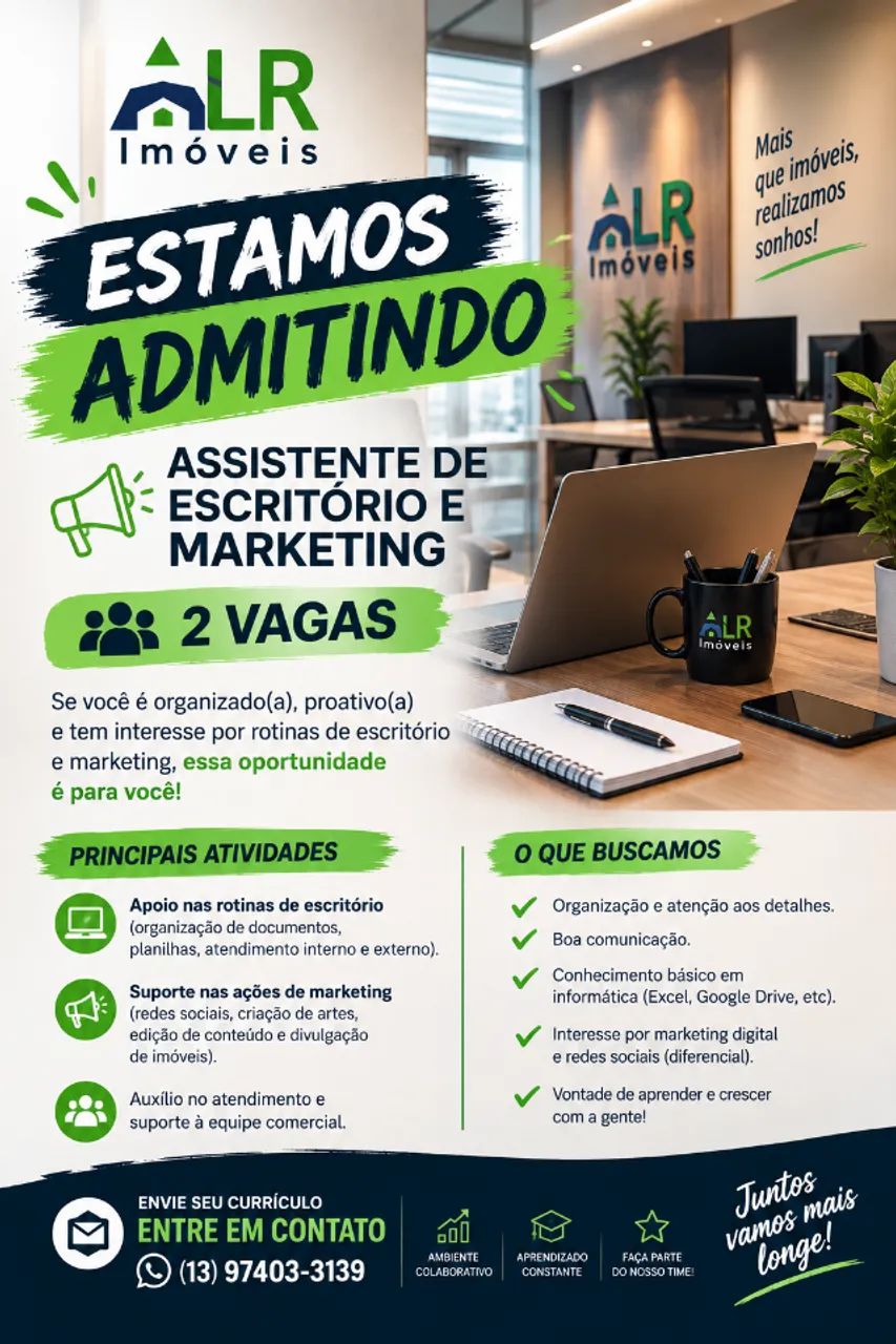 Vaga para assistente de marketing e escritorio