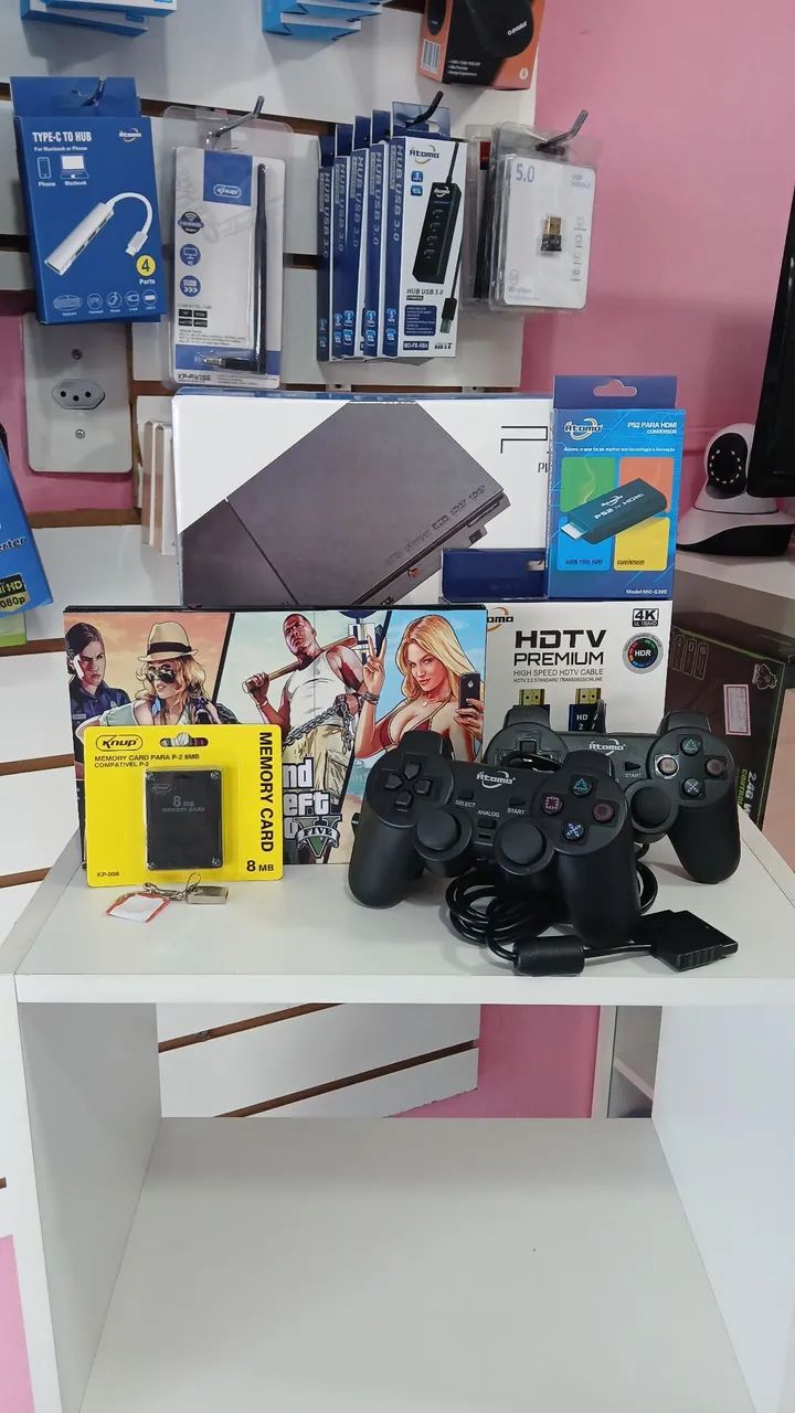 Playstation 2 com 2 controles, HDMI, leitor funcionando e Caixa