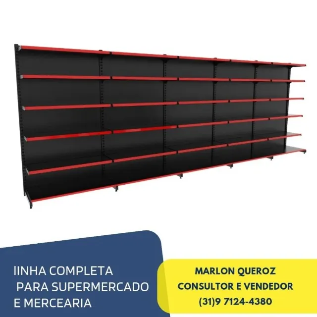 Gondola de Parede Preta 2M Altura 6 bandejas