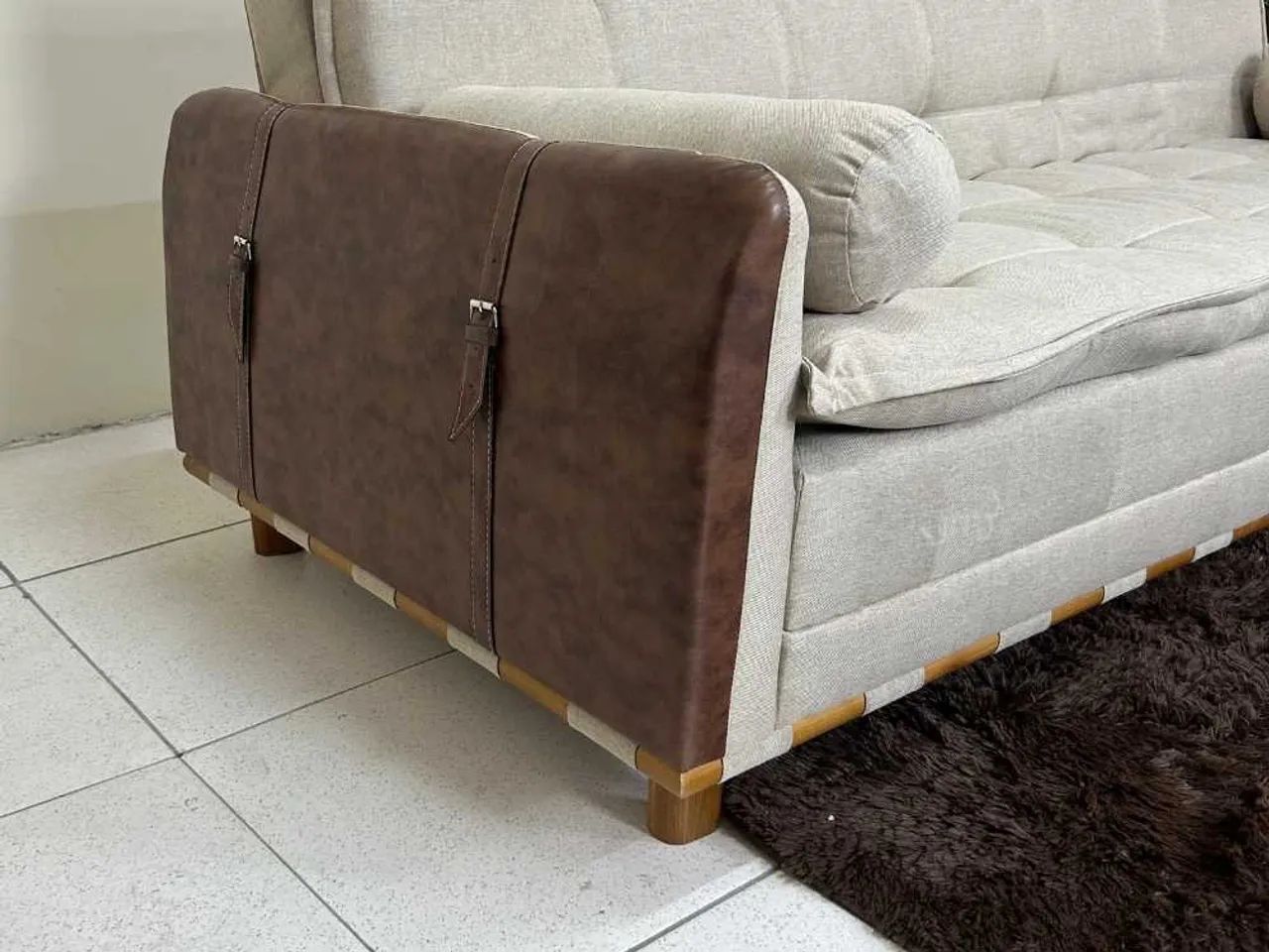 Sofá Cama Berlim 2.11m - Bege/Marrom Linho - Foto 3