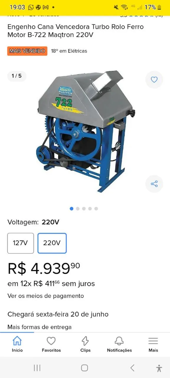Engenho Cana Vencedora Turbo Rolo Ferro Motor B-722 - 220V
