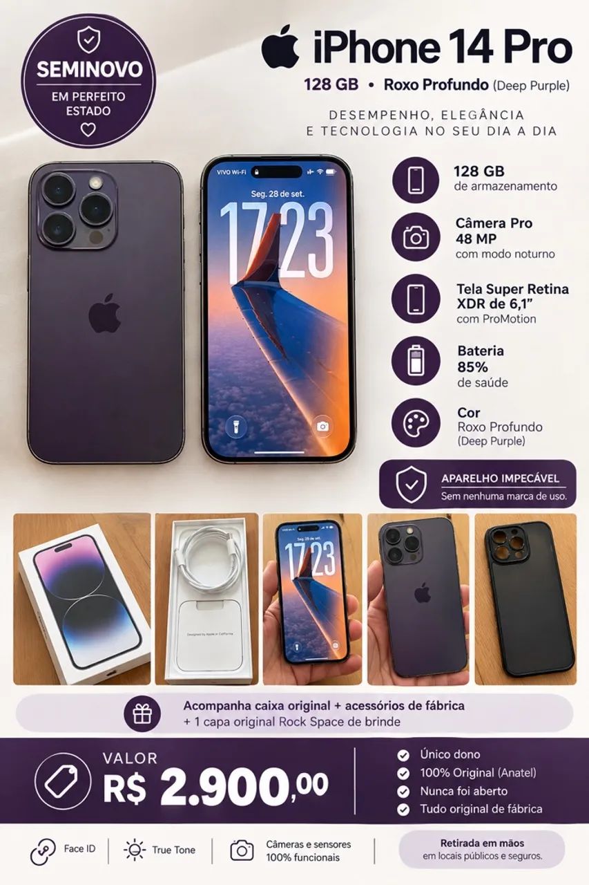 iphone 14 pro Roxo Profundo - Deep Purple, 100% original na caixa