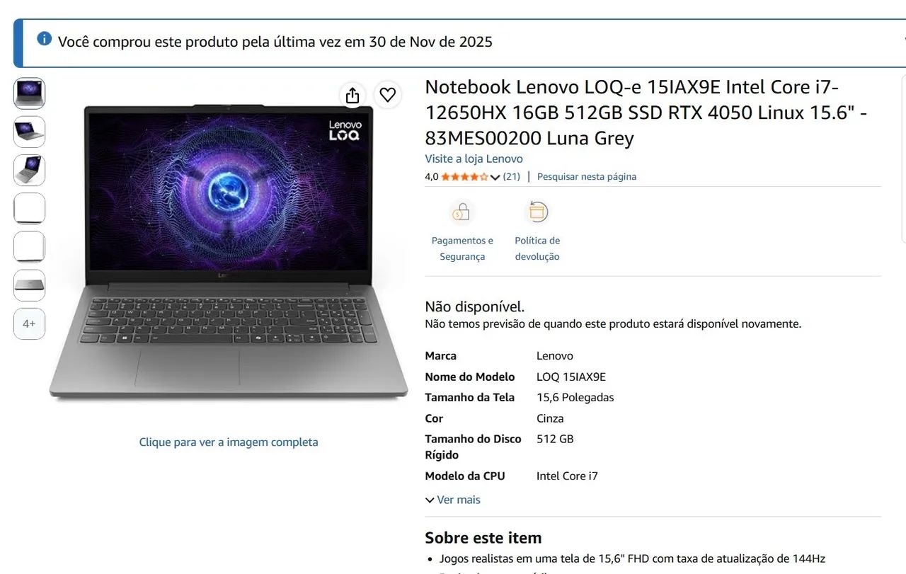 Notebook Lenovo LOQ i7 12? GPU 4050 - Foto 4