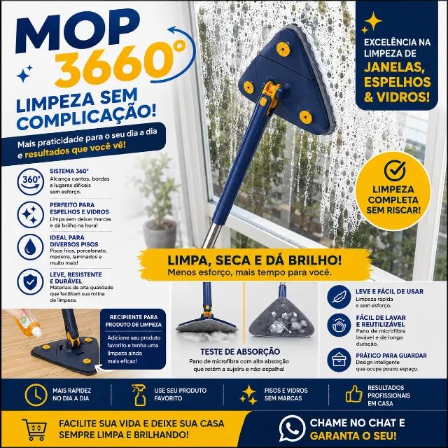 MOP 360° GIRATÓRIO COM MICROFIBRA - LIMPEZA FÁCIL E SEM ESFORÇO