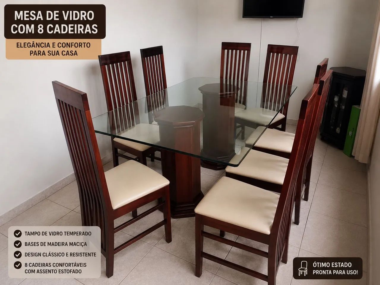 Mesa 8 cadeiras tampo de vidro 