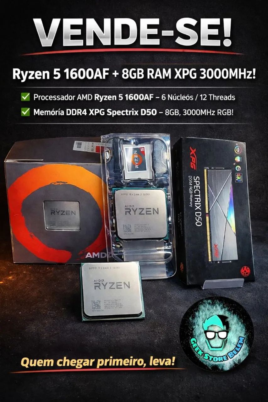 Processador AMD Ryzen 5 1600AF, Memória Ram 8Gb XPG e Gabinete Mid Tower com 3 Fans