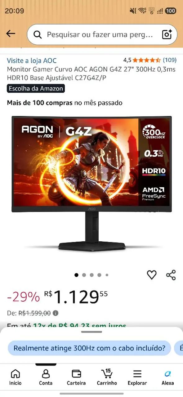 Monitor AOC G4Z 27 polegadas 300HZ 0.3ms