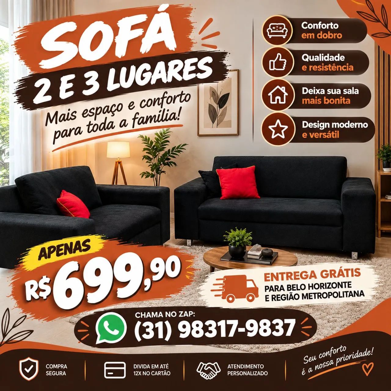 SOFÁ E ALTA QUALIDADE, FRETE GRÁTIS PARA BH E REGIÃO METROPOLITANA 