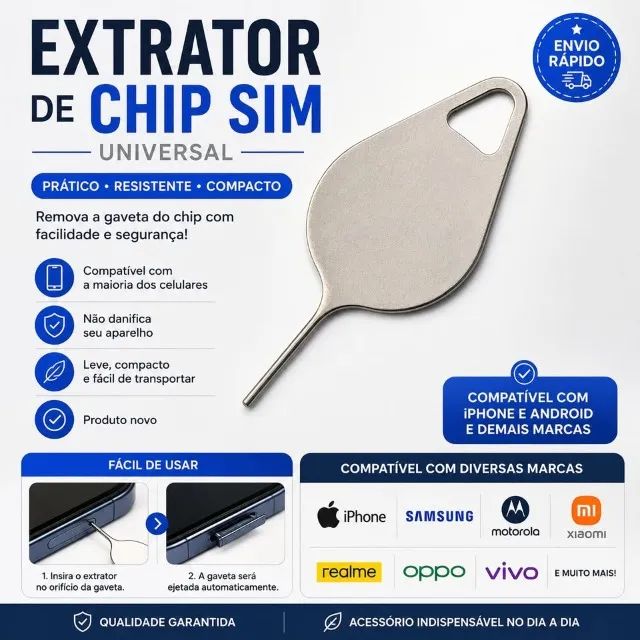 Extrator de chipe SIM para Celular | Ejetor de Gaveta SIM iPhone Samsung Motorola Xiaomi