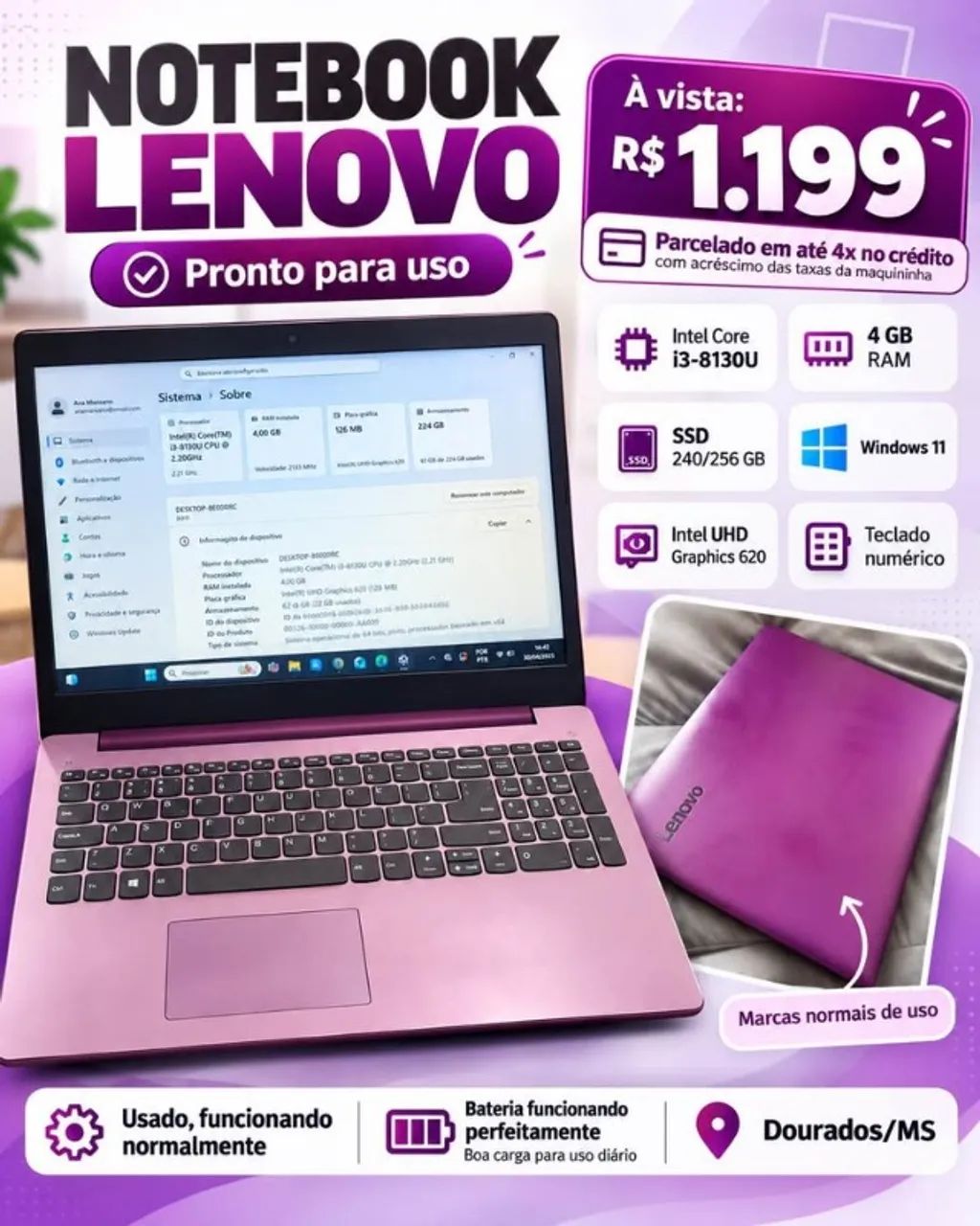 Notebook Lenovo Core i3 + SSD