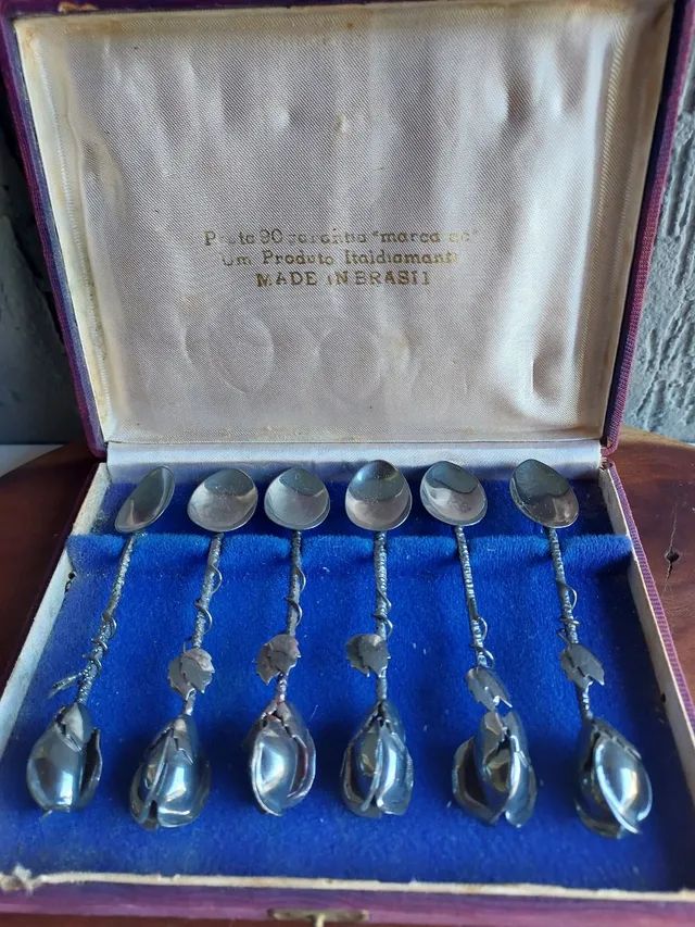 Antigo raro jogo café prata 90 artesanal floral 