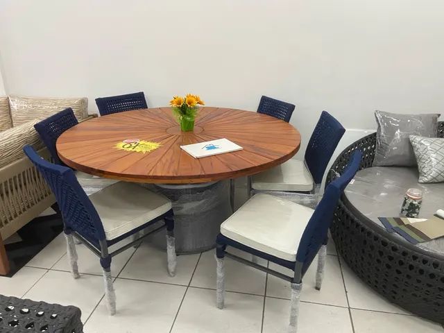 Conjunto mesa Itália tampo madeira perobas / cadeiras corda nautica - Foto 4