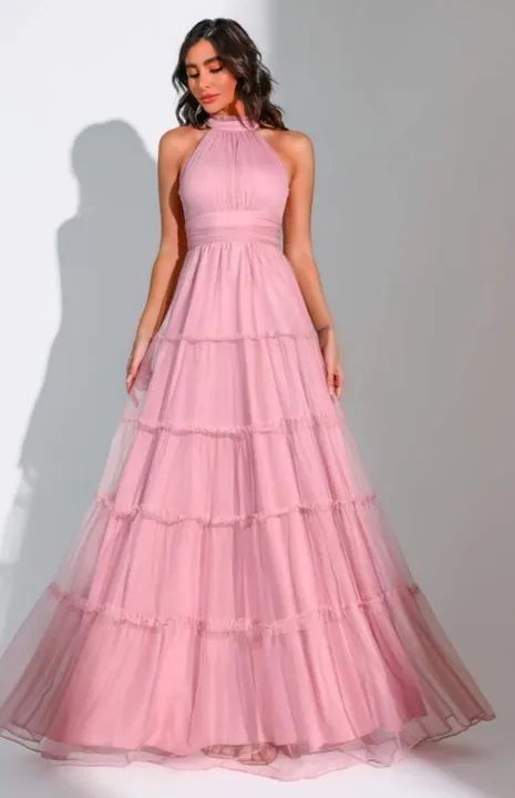 Vestido Longo Tule Gola Alta - Rose - Foto 2