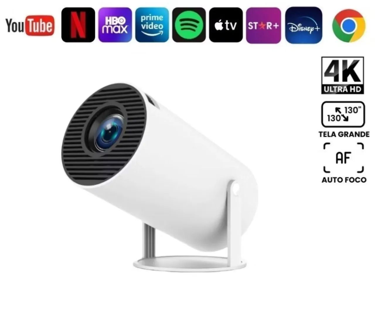 Projetor Portátil 4K - Tela Grande 130'' - Auto Foco