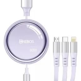 Cabo Retrátil com 3 Pontas Micro USB 60W