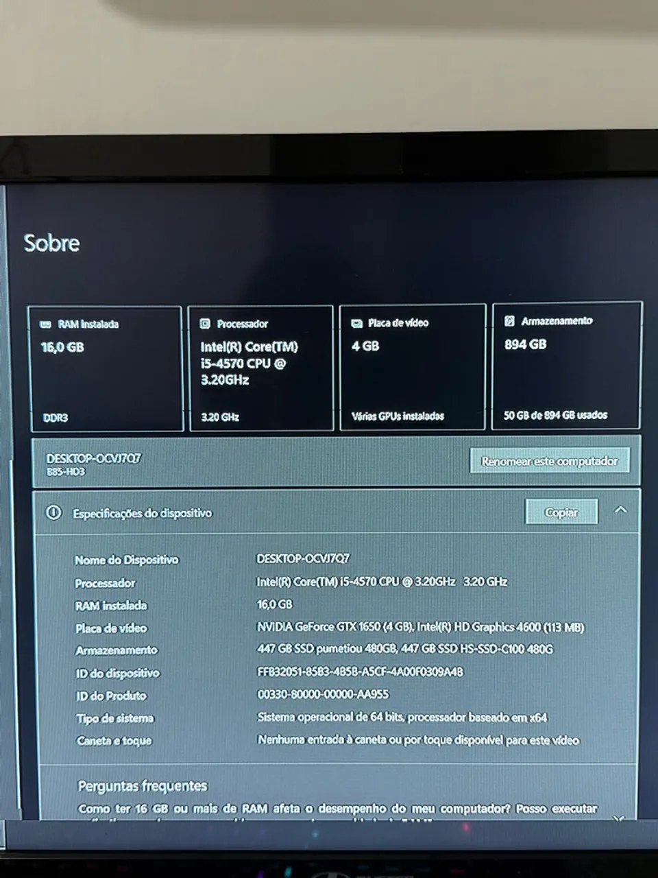 Pc Gamer Intel i5 4570 / GTX 1650 GDDR6 / 2 SSD de 480gb (960GB) / 16g de RAM