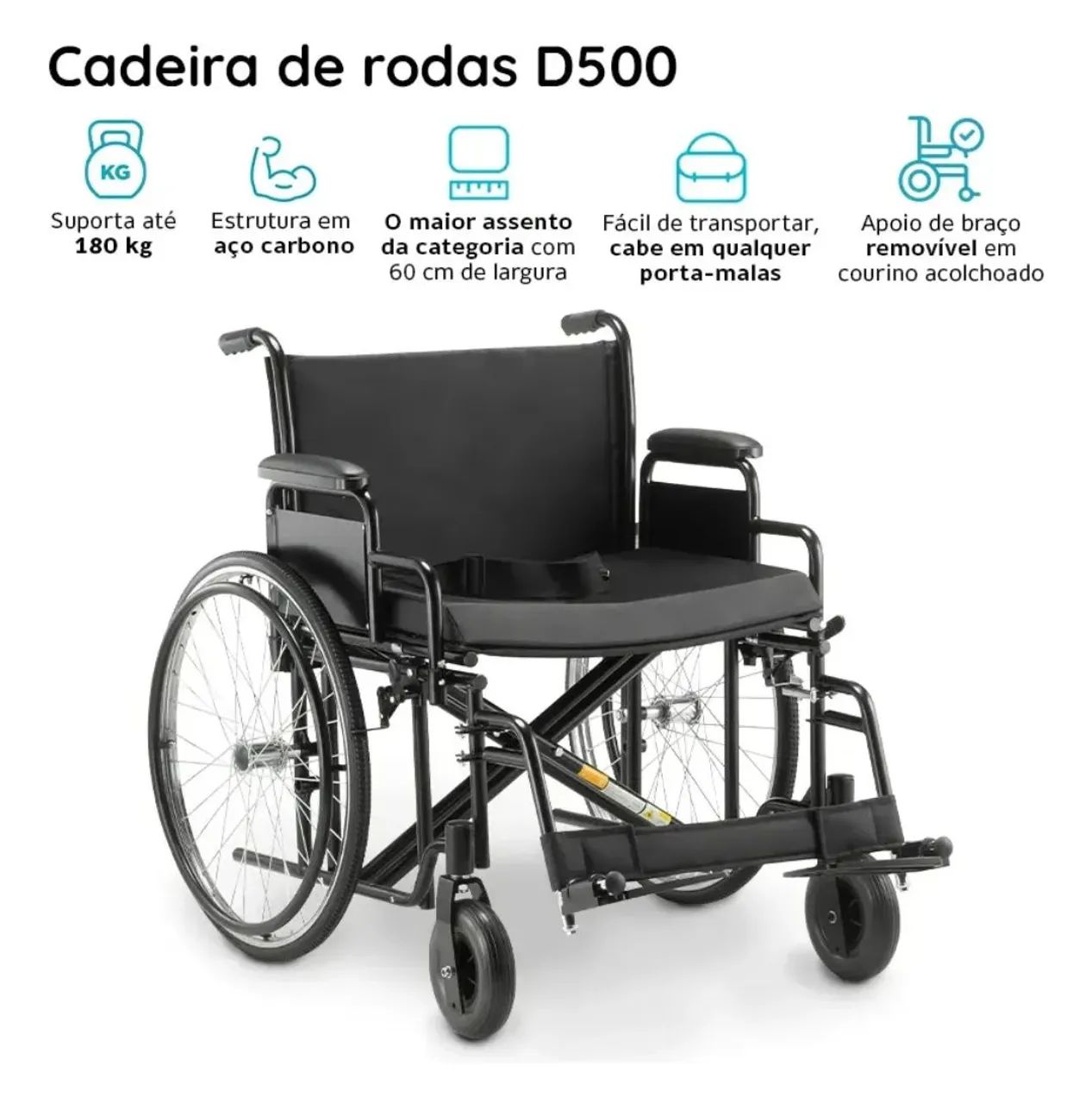 Cadeira De Rodas Dobrável Para Obeso 180 Kg D500 Dellamed. 62 cm assento. - Foto 6