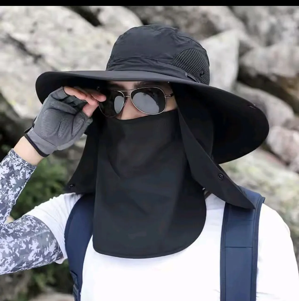 Chapéu de Sol com Proteção UV e Máscara Facial