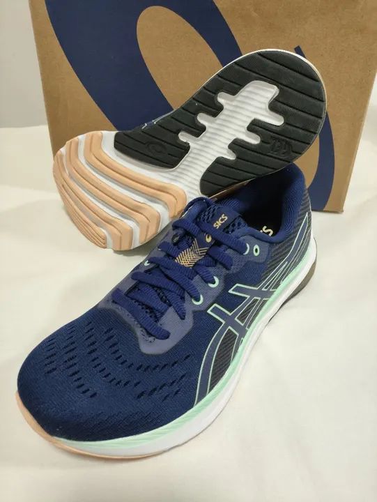 Tênis ASICS GEL-Shinobi 2 - Feminino - Azul marinho com verde e laranja - Original - Foto 4