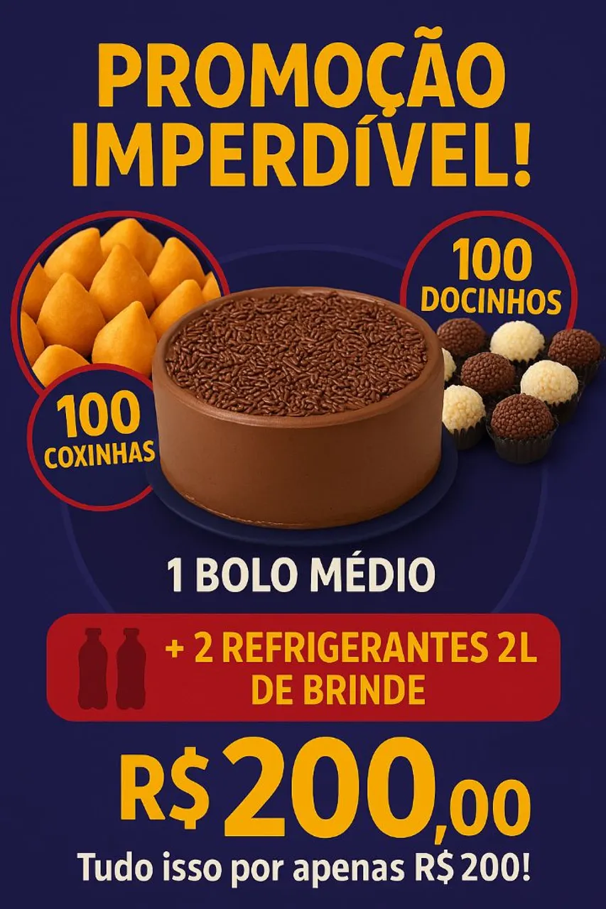 KIT FESTA MEGA PROMOÇÃO Coxinhas, Docinhos, Bolo e Refri de brinde Gabi Macedo doceria
