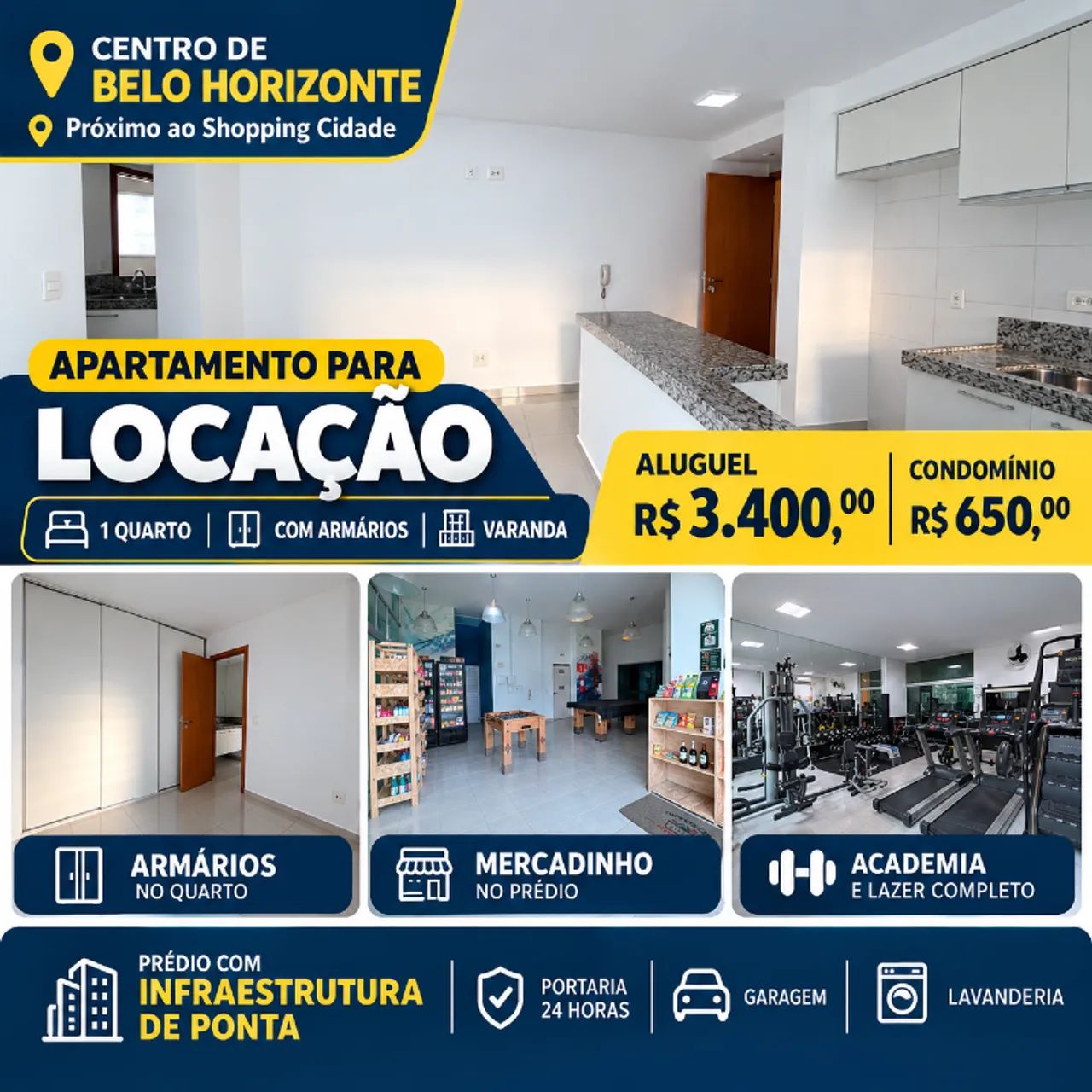 Excelente apartamento de 1 quarto com armários e garagem