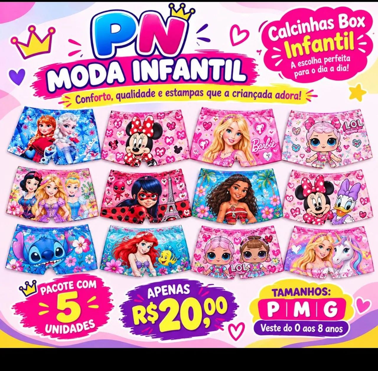 Calcinhas infantil box.pacote com 5unid.