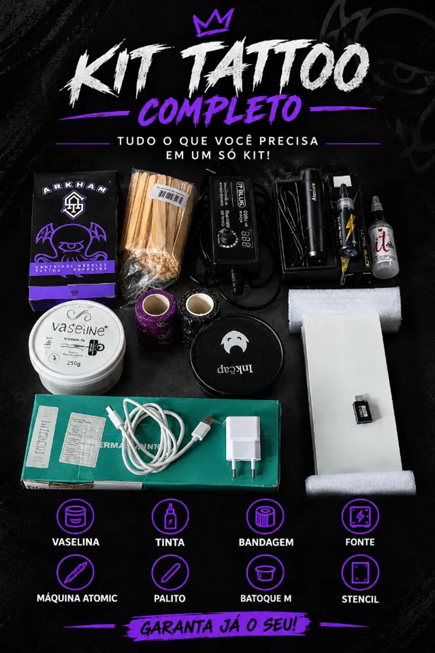 KIT TATTOO COMPLETO - MÁQUINA ATOMIC + ACESSÓRIOS