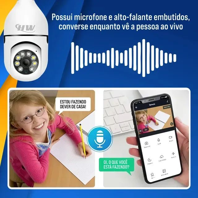 Câmera De Segurança Wi-fi 360° Hw Lâmpada E27 Full Hd Visão Noturna Colorida Áudio Sensor  - Foto 3