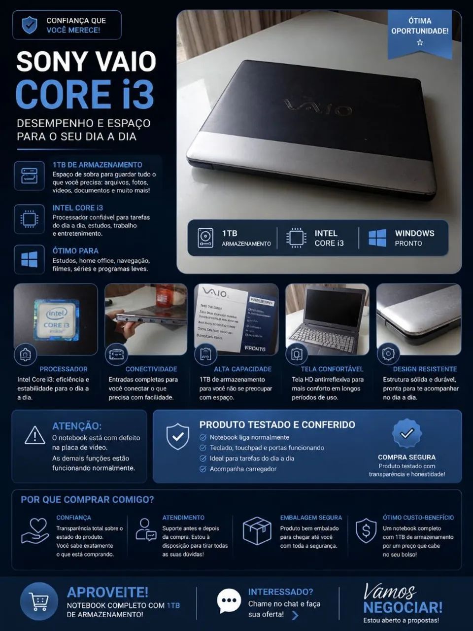 Notebook VAIO Core i3 1TB - Defeito na Placa de Vídeo - Foto 2