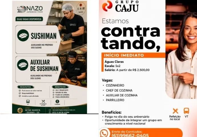 Vaga Grupo CajuPar - Brasília e Goiânia - Sushiman/Auxiliar de Sushi/Cozinheiro/Auxiliar