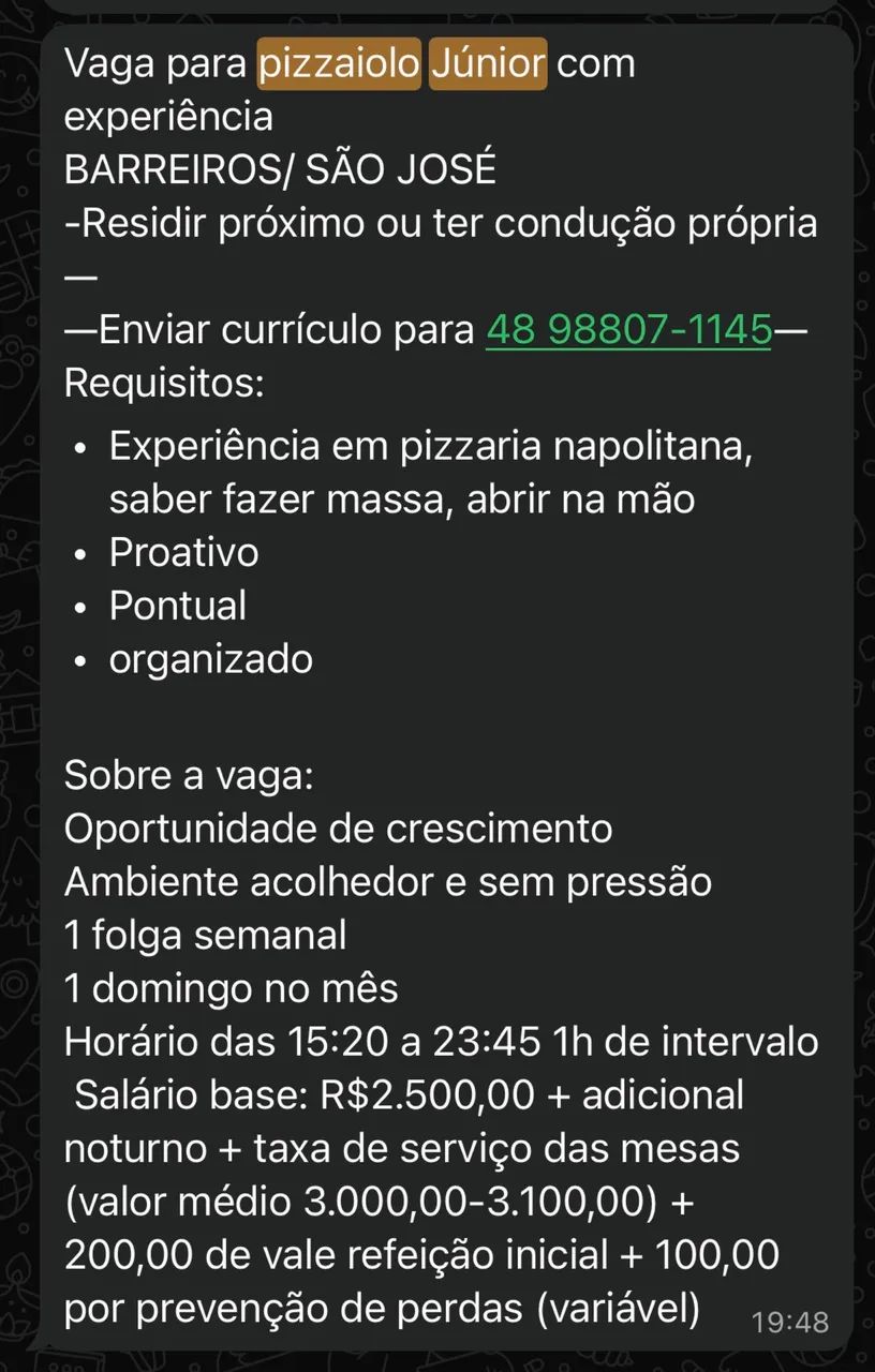 Vaga para pizzaiolo 