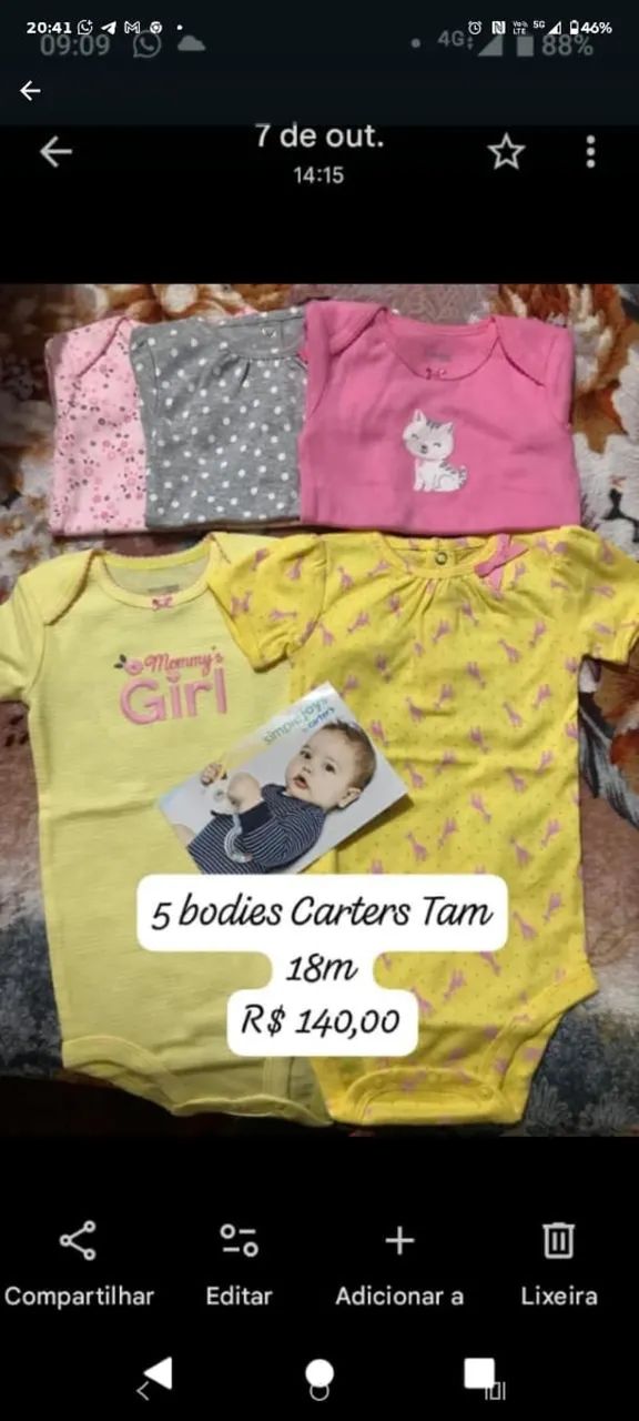 5 bodies Carters menina Tam 12m