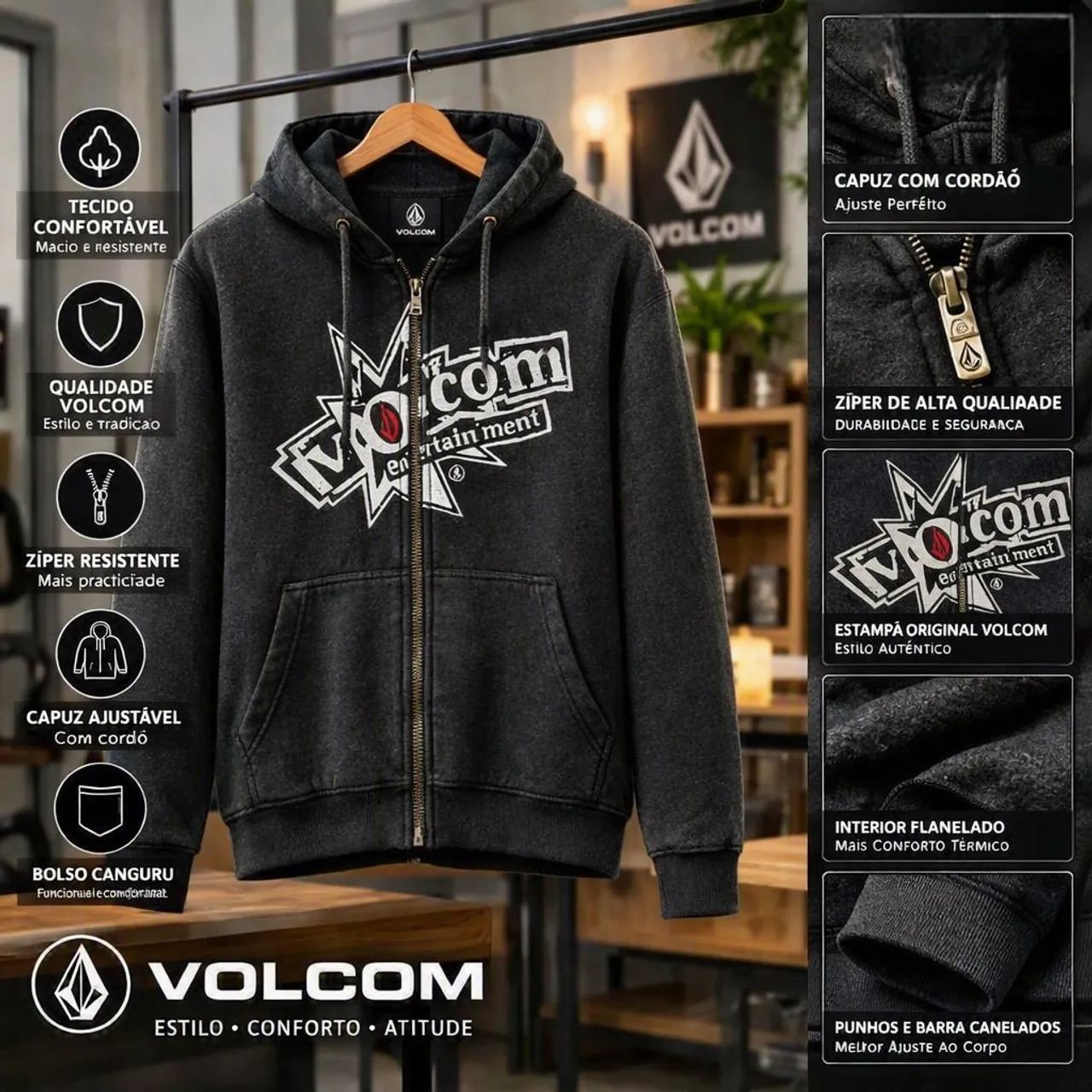 moletom volcom canguru cinza tamanho m - Foto 5