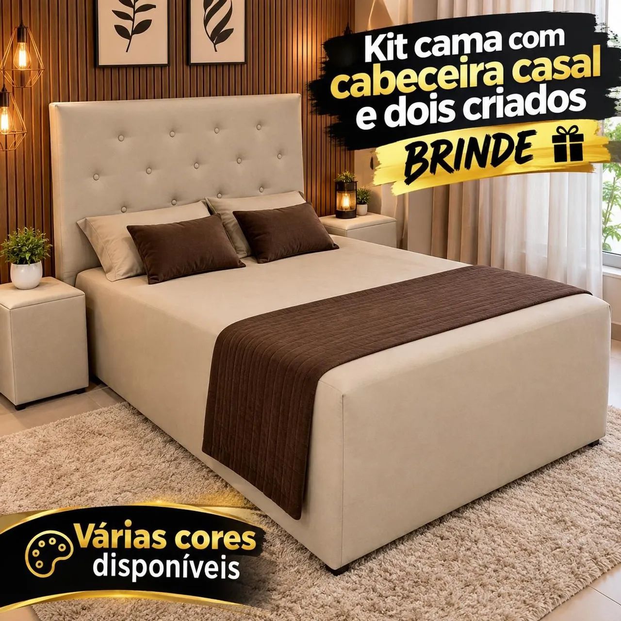 CAMA Box ACOLCHOADA + CABECEIRA + Criados Puff