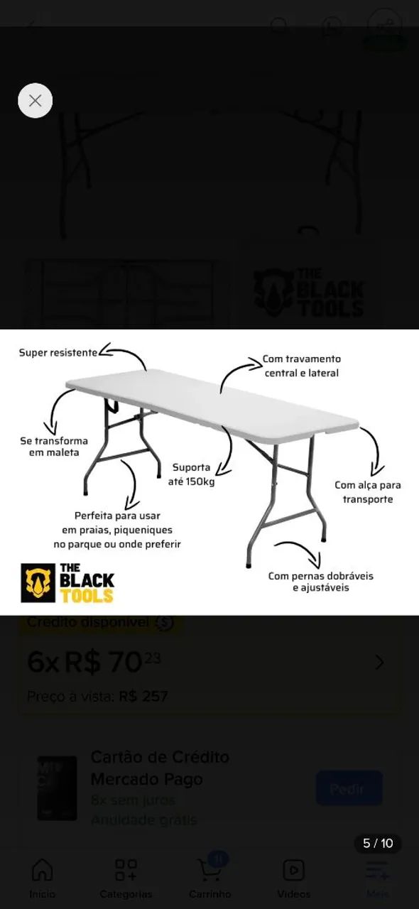 Mesa dobrável 1,80m The Black Tools491819534501160963