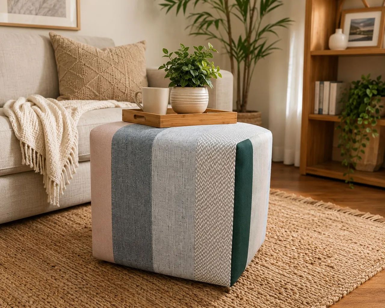 Puff Cubo Patchwork Design Moderno - Textura Variada e Cores Tendência - Impecável