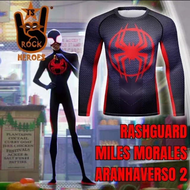 Camisa de Compressão Miles Morales Aranhaverso 2 Rashguard Elastano Manga Longa