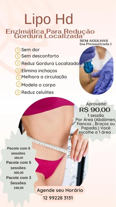 Lipo Hd Enzimática Para Redução Gordura Localizada 90,00 a sessão