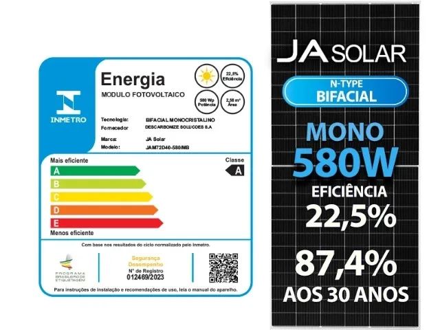 Kit com 6 Painéis Solares Fotovoltaicos JA 580W Bifacial