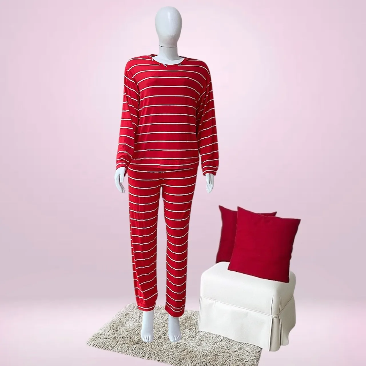 Conjunto de Pijama Listrado Vermelho e Branco